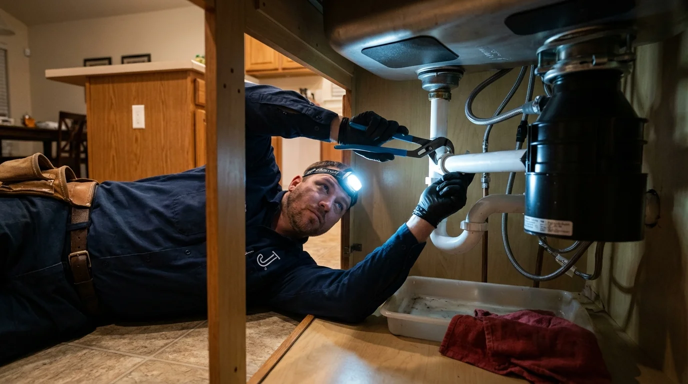 P-trap and supply line connections under a kitchen sink showing a common leak point in Snow Hill, NC